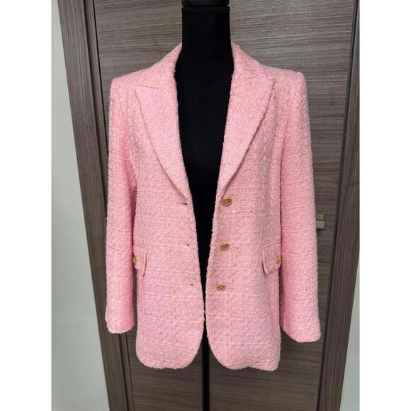 Zara Jackets & Blazers - ZARA Pink Tweed Blazer Womens S Gold Button Tailored Jacket Textured Lined